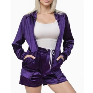 ชุดสองชิ้นผ้ากำมะหยี่แขนสั้นสำหรับผู้หญิงกางเกงขาสั้นเอวลอยลำลองสำหรับฤดูหนาว - Product Image 3