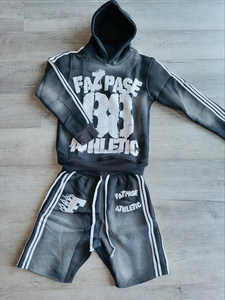 Custom Logo Rhinestone Acid Wash Streetwear Hoodie Tracksuit Screen Printing <b>Sweat</b> Suit Vintage Hoodies & <b>Shorts</b> Set For <b>Men</b> - Product Image 4