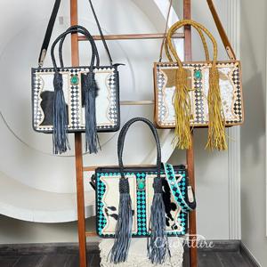 Sac à main en cuir à carreaux fait à la main, avec pierre turquoise, nouvelle tendance, sac fourre-tout en cuir de vache pour femmes - Product Image 1