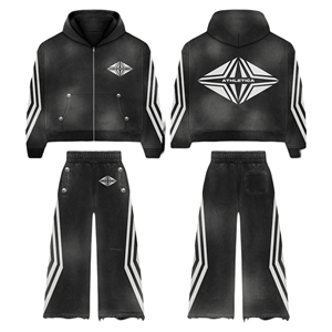 Conjunto Deportivo Personalizado con Bordado Desgastado, Sudadera Holgada con Cremallera y Pantalones Deportivos, Conjunto Deportivo con Pantalones Acampanados para Hombre - Product Image 1