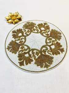 Decorative Handmade Beaded <b>Round</b> Placemat Perfect for <b>Table</b> Pearl Beaded Gold Color for Wedding Parties New Year - Product Image 3