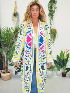 Multicolor Cotton Kimono with Embroidered Mandarin Collar Festival <b>Coat</b> - Product Image 2