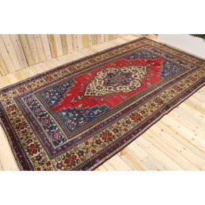 Tapis vintage surdimensionné 7,7x13,8 pieds, tapis turc en laine rouge et bleu à pois - Product Image 1