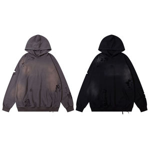 Ropa de calle desgastada de algodón de alta calidad nueva moda 2023 Jersey Unisex Vintage desgastado recortado sin cuerdas para hombre con capucha - Product Image 4