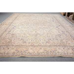 Alfombra turca Vintage clásica Beige azul 6,9 X 10.3ft lana hecha a mano látex respaldo Patchwork patrón abstracto para sala de estar pasillo - Product Image 3