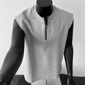 เสื้อยืดแขนกุดผู้ชาย 260 กรัม ขายส่ง OEM สกรีนโลโก้ตามสั่ง เสื้อกล้ามวาฟเฟิลสำหรับฤดูร้อน เสื้อกล้ามเรียบแบบมีซิปด้านหน้า - Product Image 4