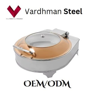 SS Round Half Glass Chafing Dish Cover Rose Gold Frame 7L, Round SS Food <b>Warmer</b> with Half Glass Lid 7L - Product Image 5