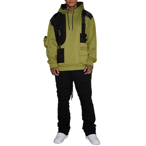 Sudadera con Capucha para Hombre, Estilo Cargo, Holgada, con Hombros Caídos, de Felpa Francesa, Color Vintage, con Bolsillos y Cinturón, Color Oliva - Product Image 4