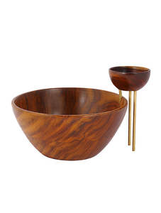 Cuenco de madera redondo de latón AK en color nogal con hojas doradas superiores Juego de 2 cuencos decorativos para mesa de comedor/artículo de vajilla - Product Image 3