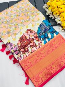 Zari Gold Weaving Kanchi Pattu Saree con rico yo y contraste KALMKARI Mottif tejido Se empareja con una blusa contrastante - Product Image 2