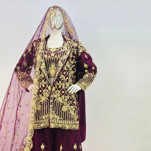 Ropa exclusiva para Bodas: conjunto completo de novia pesado con Lehenga de red, blusa, Dupatta y chaqueta nupcial en 9 colores - Product Image 1