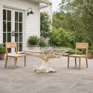 Luxury Eco-Friendly Natural Teak Root Dining <b>Table</b> Tempered Glass Top Handcrafted <b>Reclaimed</b> Solid Wood Base Rustic Modern Design - Product Image 4