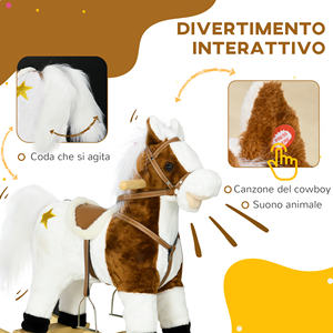 HOMCOM-Jouet cheval à bascule marron de 68x26x62cm pour enfants de 3 à 6 ans avec peluche avec sons - Product Image 4