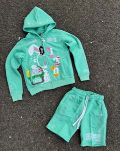 Ropa de calle Vintage 3D Puff Print Hoodie Drawstring Shorts Chándal Oversized 2 Piece Zip up Hoodie Short Set Chándal - Product Image 2