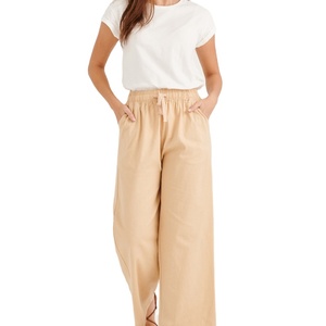 กางเกงขากว้างผ้าลินินผ้าฝ้ายสีทึบสำหรับผู้หญิงลำลองเอวยางยืดกางเกงทรงหลวมสำหรับฤดูใบไม้ผลิฤดูร้อน - Product Image 1