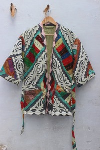 Indian Handmade Kantha Quilted <b>Jacket</b> with Assorted Patchwork & Color Embroidery Cut Work <b>Kimono</b> Letter Pattern <b>Jacket</b> - Product Image 2