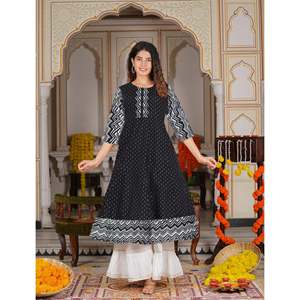 Blusas y camisas con estampado geométrico dorado de rayón viscosa Anarkali para mujer Diseño Kurti elegante para mujer - Product Image 3