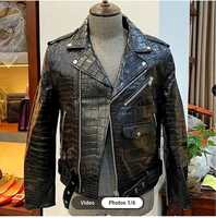 Chaqueta de Motociclista de Cuero con Grabado de Cocodrilo para Hombre, Cuello Camisero, Cierre de Cremallera, Manga Regular, Talla Grande, Estilo Otoñal