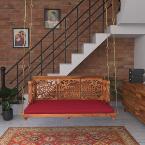 Wooden Hanging Swing <b>Bench</b> With Red <b>Cushion</b> Rustic Carved Backrest Indoor Outdoor Living Room Furniture Jhoola Design - Product Image 2