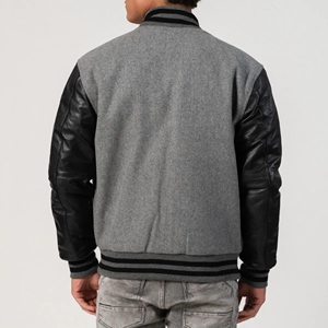 Blouson universitaire pour homme gris chiné en laine avec manches en cuir noir, fermeture éclair, patchwork, écologique, style urbain - Product Image 2