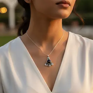 Pendentif en argent 925 avec pierre précieuse noire pour femmes, à porter au quotidien, style religieux, bijoux, cristal d'améthyste, diamant, motif numérique, charme - Product Image 3