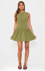 Última llegada de calidad superior de cuello redondo sin mangas de manga caqui botón abajo Scoop Back Shift vestido al mejor precio - Product Image 3