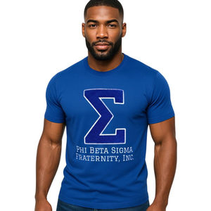 T-shirt en chenille à grandes lettres Sigma, bleu royal, coton, vie grecque, avec broderie de fraternité, vêtements Phi Beta Sigma pour hommes - Product Image 1
