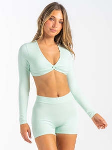 Personnalisé Cool Mint Femmes Noeud Manches Longues Crop Tops Extensible Super Doux Et Respirant Workout Fitness Crop Top T-shirts pour Femmes - Product Image 3