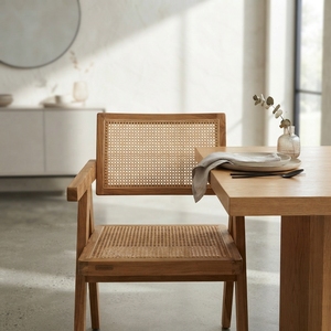 Chaise de salle à manger minimaliste moderne en teck avec rotin tressé, usage général, mobilier pour la maison, bureau, hôtel, villa, appartement, cuisine - Product Image 2