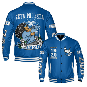 Zeta Phi เสื้อแจ็กเก็ตทีมตัวแทน zpb สำหรับผู้หญิงรุ่นเบต้า1920แจ็คเก็ตทีมสโมสรสีฟ้าและสีขาวเสื้อแจ็กเก็ตใส่ประจำวันของชาวกรีก - Product Image 6