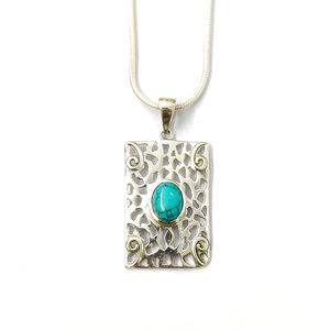 Pendentif en or 14K et 18K avec turquoise (4,8 grammes), plaqué rhodium, orné de diamants et de perles, forme géométrique, style religieux orthodoxe tendance - Product Image 1