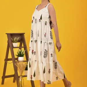 Tay Khối In Ấn Độ Bông Không Tay Maxi Dress Bohemian Ăn Mặc Giản Dị Cho Phụ Nữ Được Làm Từ Vải Cotton Tinh Khiết