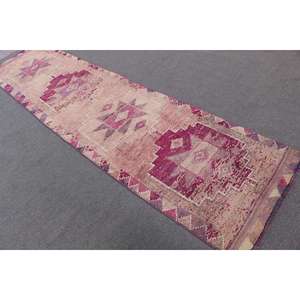 พรมเฮอร์กีตุรกีโบราณ ขนาด 2.8x11.1 ฟุต (85x339 ซม.) พรมขนสัตว์ลายทางสีชมพู - Product Image 3