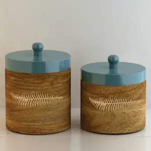 Set of 2 Iron Wood Round Box With LID Grey & Natural Colour Storage Box And Canister Kitchen & Table Top Decoration