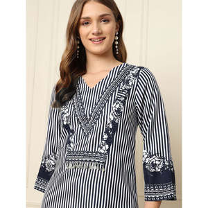 Conjuntos coordinados Deebaco para mujer, con rayas azules, cuello en V, manga tres cuartos, largo hasta el tobillo, estilo casual de verano, kurta con palazzo. - Product Image 2