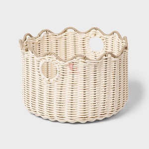 Modern Faux Rattan Wicker Basket with Scalloped Design, Decorative <b>Storage</b> Basket for Home <b>Organization</b> Vietnam - Product Image 1
