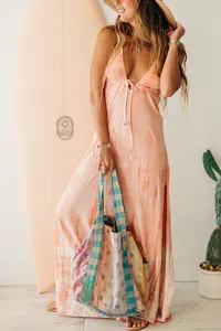 Trendy Beach Side Bliss Rayon Tie Dye Deep V Neck Mujeres Backless Spaghetti Maxi Vestido largo de pierna alta para vacaciones de verano Vibes - Product Image 4