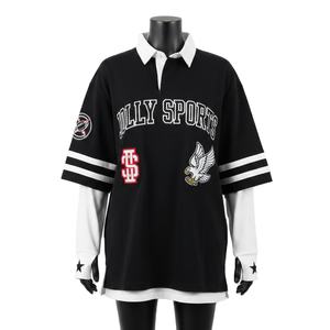 Maillot de rugby pour femme en coton et polyester de qualité supérieure, double couche, manches noires, empiècements rayés, logo brodé, maillot de rugby pour femme en coton - Product Image 1