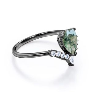 Anillo de Boda Clásico Personalizado de Plata 925 con Ágata Musgosa de Corte Pera de 0.6 Quilates, Certificado, Chapado en Oro Negro y Rodio, para Fiestas - Product Image 5