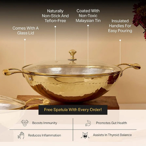 100% latón puro recubierto de estaño 3L aislado Kadai cocina Wok mango resistente al calor tapa de vidrio antiadherente latón Kadai cocina Wok - Product Image 2