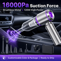 Aspirateur de voiture sans fil portable 16000Pa avec moteur sans balais 120W, mini aspirateur auto rechargeable Type C