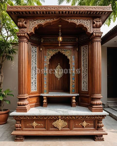 Mandir de madera de teca real en pulido blanco con almacenamiento Mandir de madera de teca de lujo con base de gabinete Unidad de Pooja hindú tradicional - Product Image 5