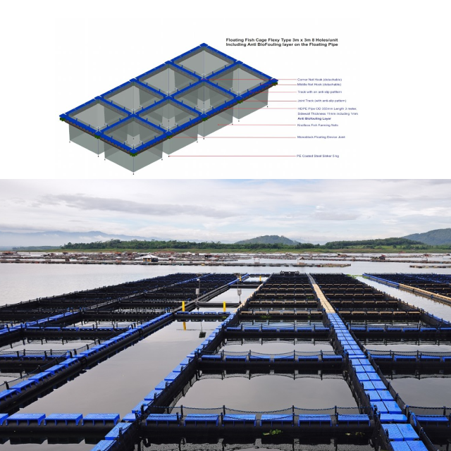 Flexible 3x3 Meter Rectangular Floating Fish Cage with 8 Holes HDPE Material Blue Color