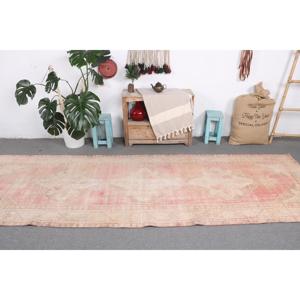 3.5x11.2 ft Vintage <b>Rug</b>, Turkish <b>Runner</b> <b>Rug</b>, Pink Brown Floral Wool <b>Rug</b> - Product Image 3