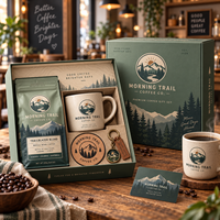 Coffret cadeau de café AT PACK avec emballage personnalisé, porte-clés, aimant de réfrigérateur, tasse et solutions de marquage haut de gamme