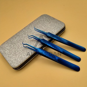 Wholesale Customizable 45 Degree Strong Hook Plasma Blue Solid Volume Stainless Steel <b>Eyelash</b> <b>Tweezers</b> with Custom Logo - Product Image 1