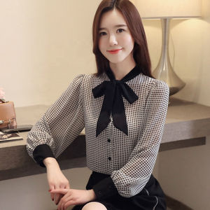 Big Lantern Sleeve Blouse Women Autumn Spring Single Breasted Bow Collar <b>Shirts</b> Office Work Blouses Plaid Vintage <b>Shirts</b> - Product Image 3