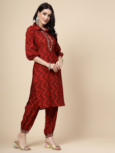Nuevo Conjunto de Kurta y Pantalón de Rayón hasta la Rodilla para Mujer, Estilo Indio, Color Granate, Bordado, Ryon, Ropa Casual Elegante - Product Image 3