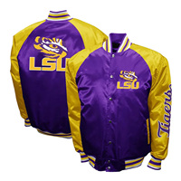 LSU Tiger Purple Satin Baseball Bomber Jacket Stand Collar Winter College Letterman Embroidered Jacket avec service OEM