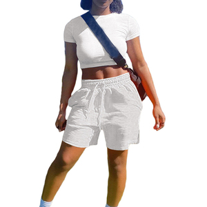 2026 Summer Custom Woman Jogging Tracksuit Solid Color Crop Top T Shirt 2 Piece Sweat Shorts <b>Set</b> Women Gym Fitness <b>Twin</b> <b>Sets</b> - Product Image 6